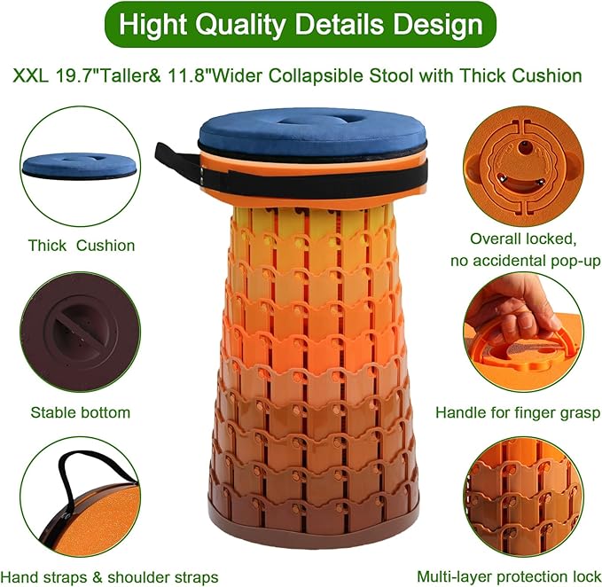 2026 Upgraded XXL Collapsible Stool with Thick Cushion19.7H-11.8D Telescoping Folding Stool for Adults More Sturdy Camping Stools with Load Capacity 1000lbs for OutdoorGardenFishingHiking