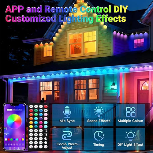 150FT Permanent Smart RGB LED Eaves Outside Lights Music Sync Timing Function Remote Control and IP67 Waterproof LED Outdoor String Lights for All Holiday