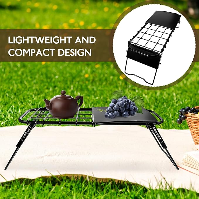 Portable Folding Camping Table with Mesh Top Adjustable Height Metal Frame Lightweight Outdoor Picnic and BBQ Table for Hiking Beach and Travel Use
