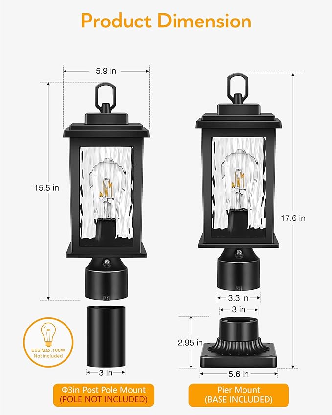 VIANIS Dusk to Dawn Outdoor Post Light Fixture with Pier Mount Base 2 Pack Waterproof Lamp Posts Outdoor Lighting Anti-Rust Aluminum Black Post Lantern Outdoor with Tempered Glass (Hardwired 120V)