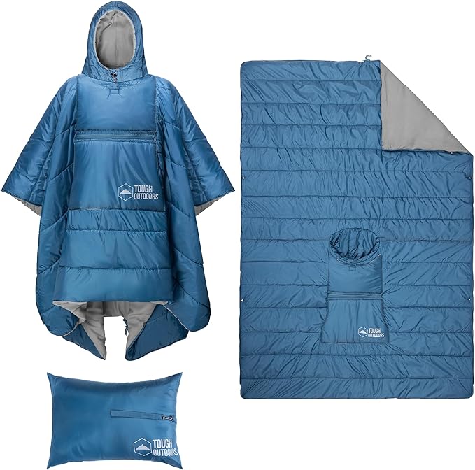 Tough Outdoors 5 in 1 Camping Poncho - Packable Blanket - Wearable Sleeping Bag Adult - Sleeping Bag Poncho - Waterproof