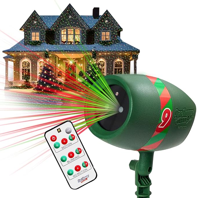 Star Shower Ultra 9 Outdoor Laser Light Show with Remote AS SEEN ON TV New 9 Unique Patterns Showers Home w/Thousands of Lights 3 Color Combinations Motion or Still Up to 3200 Sq Ft