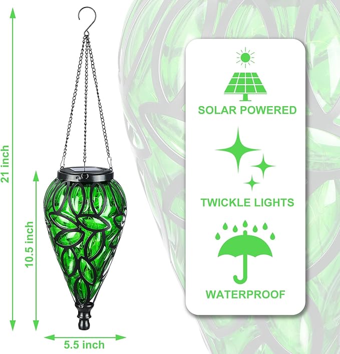Solar Hanging Lantern Outdoor Lights Tear-Shaped 15 LEDs Cool White Hanging Lights with S Hooks Decor in Garden Yard Pathway Front Door and Landscape