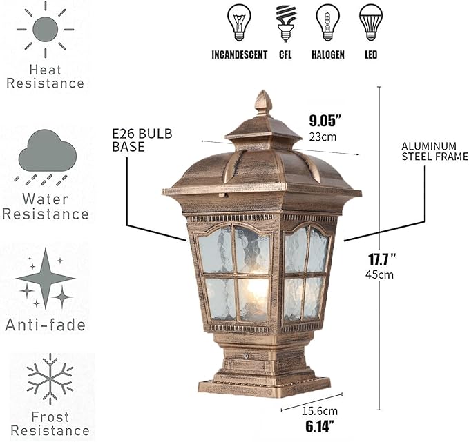 Outdoor Column Lights IP65 Waterproof Pillar Lights Outdoor Post Lights Fixture Glass Aluminum Antirust Column Lamp for Garage Pavilion Courtyard Park Lighting