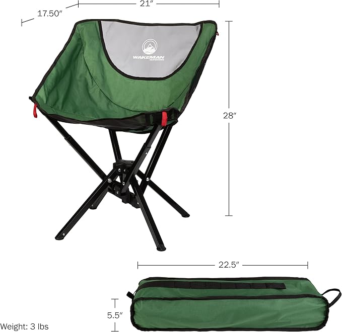 Portable Camping Chair - Compact and Foldable Chair - Lightweight Backpacking Chair with Carrying Bag - Backpacking Gear by Wakeman Outdoors (Green)
