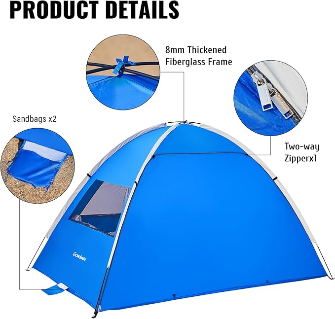 EchoSmile UPF 50+ Beach Tent Sun Shelter for 3/4 Person Portable Beach Cabana Tent