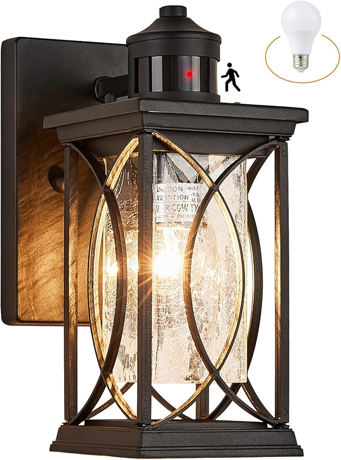 Motion Sensor Outdoor Wall Light with Dimmable Bulb Modern Dusk to Dawn Exterior Light Fixture Wall Mount Porch Light Black with Crack-Like Glass Coach Lantern for House Garage