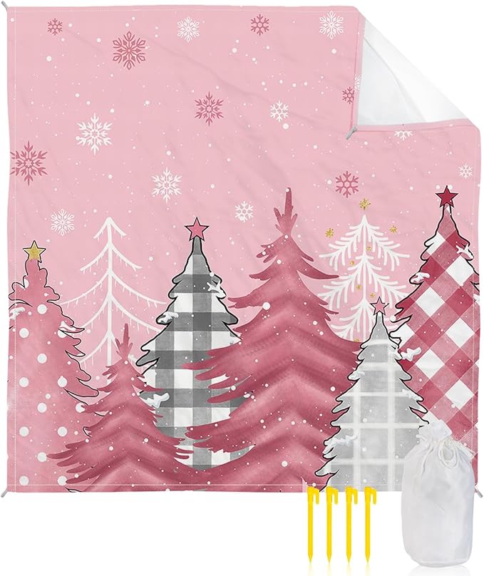 Beach Blanket Waterproof Sandproof OversizedPink Christmas Tree Snowflakes Seamless Beach Mat with Corner Stakes Sand PocketsLattice Pine Tree Outdoor Picnic Mat for Travel Camping Hiking 95x80In