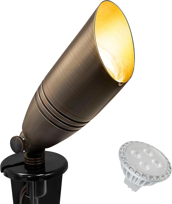 GKOLED UL Listed Solid Brass Landscape Spotlight Low Voltage Outdoor Directional Uplight with 5W MR16 LED Bulb &amp Large Rugged Slot Spike 12V AC/DC Garden Patio Spot Up Light