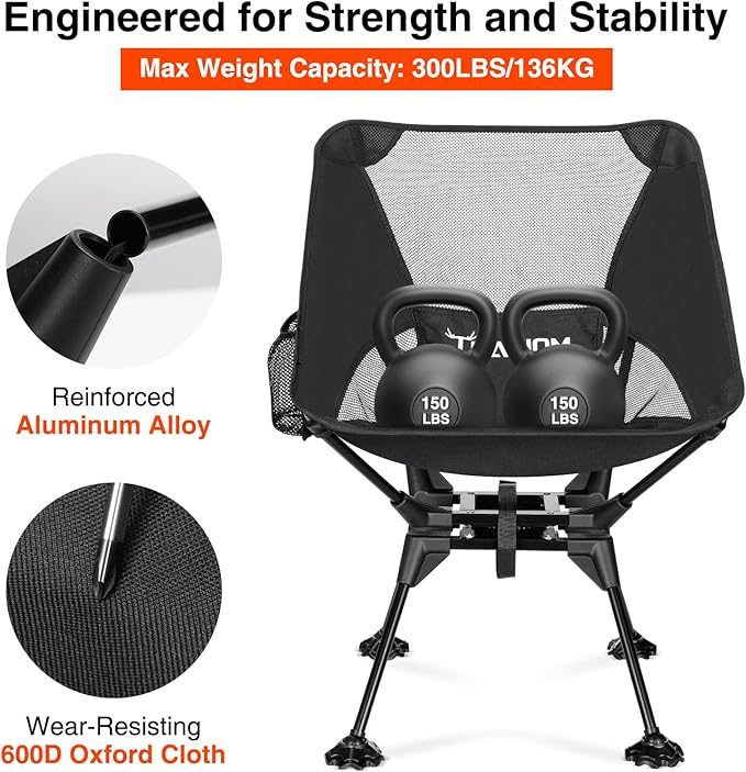 360° Swivel Folding Camping Chairs Compact and Portable Chair for Outdoor Camp Foldable Chairs with Anti-Sinking Large Feet for Travel Beach Picnic Sports Fishing Support 300 LBS(Black)