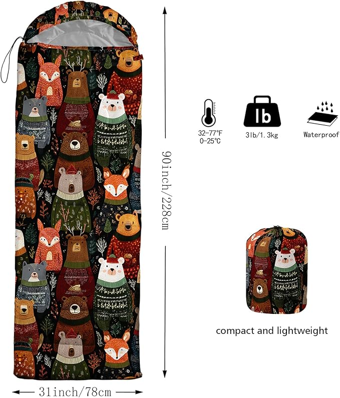 AILONEN Cartoon Camping Sleeping Bag for Boys Girls AdultsLightweight &amp Waterproof3 Season Warm &amp Cold WeatherPortablePrinted Sleeping BagTravelingCampingHiking