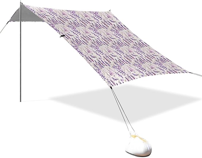 ALAZA Lavender Flower Butterfly Beach Tent Sun Shelter UPF50+ Protection Beach Shade Canopy w/ 4 Sandbags for Outdoor Camping Fishing Backyard Fun Picnic 10x9 ft