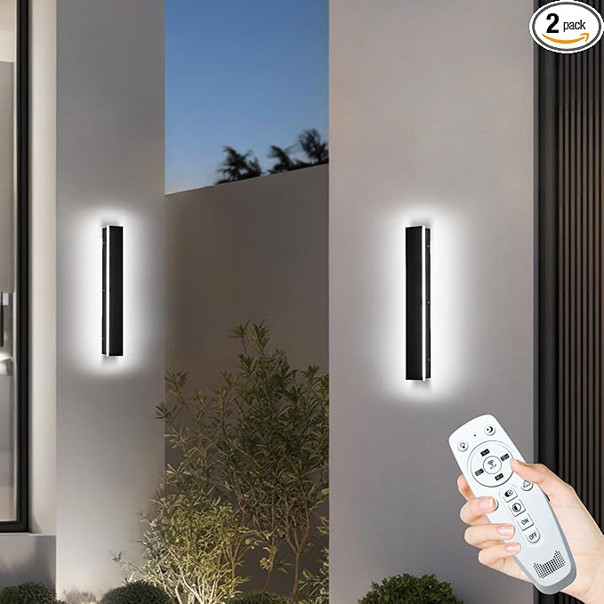 2 Pack 24 Modern Outdoor Wall Lights 2700k-6500k Dimmable Long Wall Mounted Light LED Black Porch Light Linear Outdoor Wall Sconce IP65 Waterproof Slender Exterior Lights for House Garage