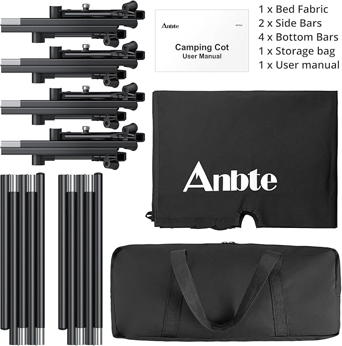 Anbte Ultralight Folding Camping Cot Comfortable Portable Camping Cot Supports 275 lbs with Storage Bag &amp Side Pocket Lightweight Folding Bed for Outdoor Travel Tent Indoor Emergency Bed Black