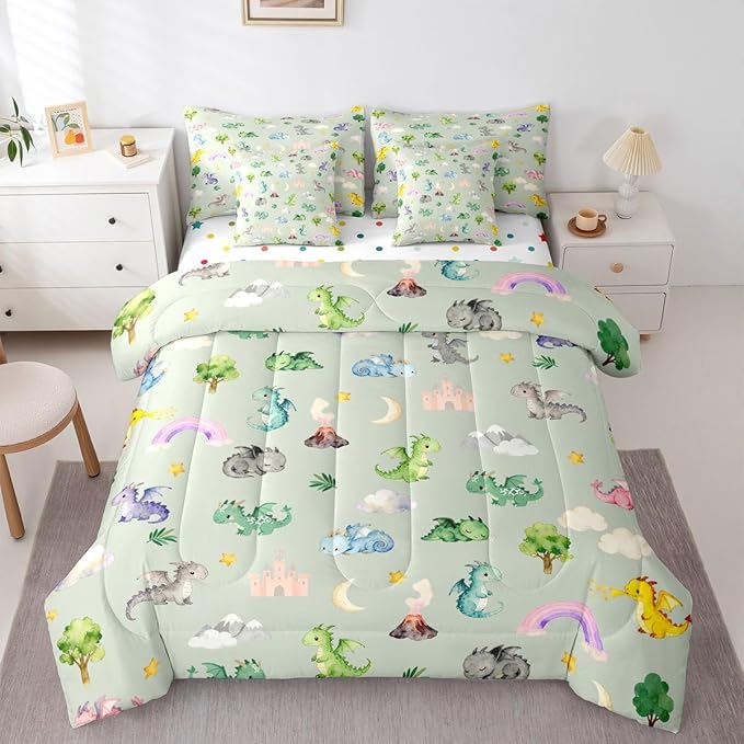 Baby Dragon 7 Piece Bedding Set Queen Size Animal Comforter Set with SheetsPillowcases &amp Cushion Cover for Boys Girls Bedroom Decor Cartoon Wildlife Bed in a Bag Microfiber Women Men Green Gray
