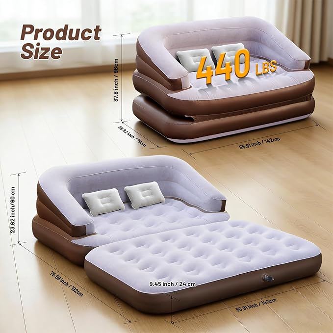 Full Size Inflatable Sofa Bed with Air Pump2-in-1 Blow-Up Couch and Folding Air Mattress Bed for HomeCampingand Guests
