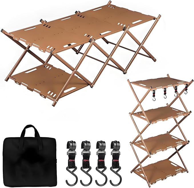 Portable Camping Table &amp Shelf 2-in-1Folding Carbon Steel Picnic Rack 37 4-Tier Storage Cook Station with 4 HooksPerfect for Party Dining Camping BBQ Indoor Outdoor