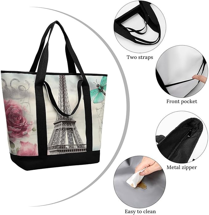 Insulated Shopping BagLarge Reusable Cooler Bags Dragonfly French Tower Printed Foldable Shopping BagTravel Waterproof Shoulder Bag