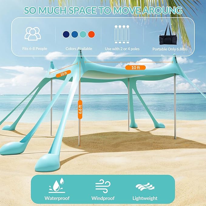Gardentime Beach Tent Canopy with 8 Sandbags 4 Aluminum Poles Pop Up Portable Camping Sun Shelter Easy Set Up with 2 Sand Shovel Ground Pegs Carrying Bag for Outdoor BeachPicnic Fishing