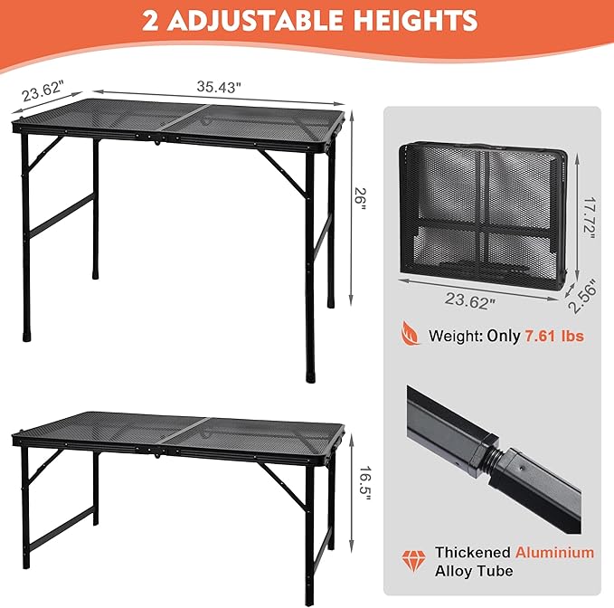 Camping Table with Mesh Desktop Lightweight &amp Portable Folding Grill Table Height Adjustable Metal Outdoor Table for Camp Cooking BBQ RV Picnic-3 FT Black