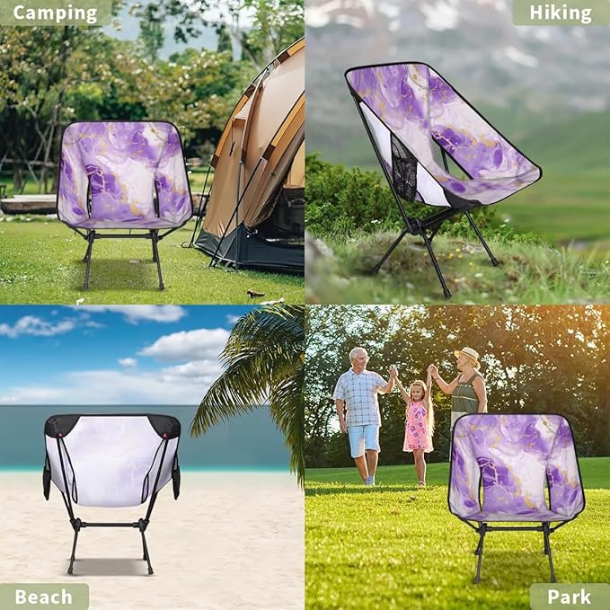 Pardick Portable Camping Chair Purple Gold Marble Ultralight Folding Camping Chair Fantastic Marble Backpacking Hiking Chair with Cup Holder for Outdoor Travel Beach Picnic Festival 176 lbs Capacity