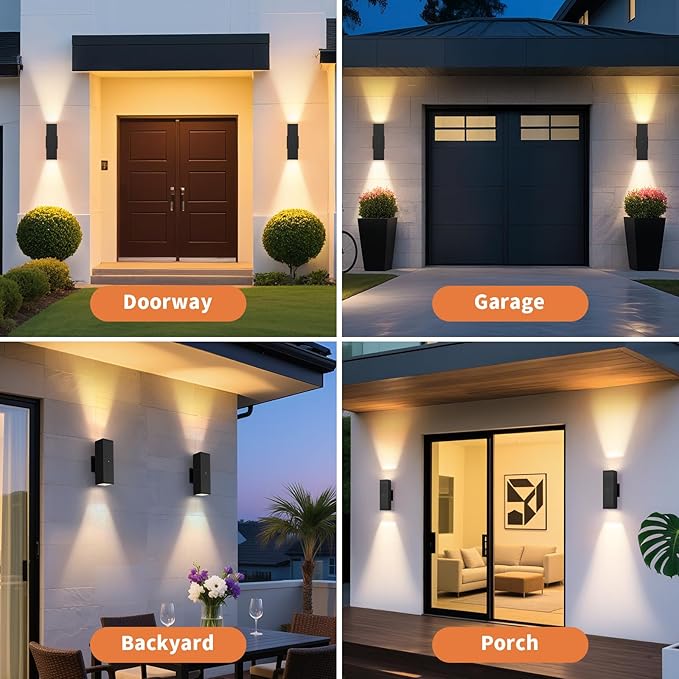 Dusk to Dawn Outdoor Lighting LED Square Up and Down Outdoor Sconce Lights Matte Black Exterior Lighting Fixtures with 7W LED Bulbs Front Porch Lights for house Garage Patio Doorway 4 Pack