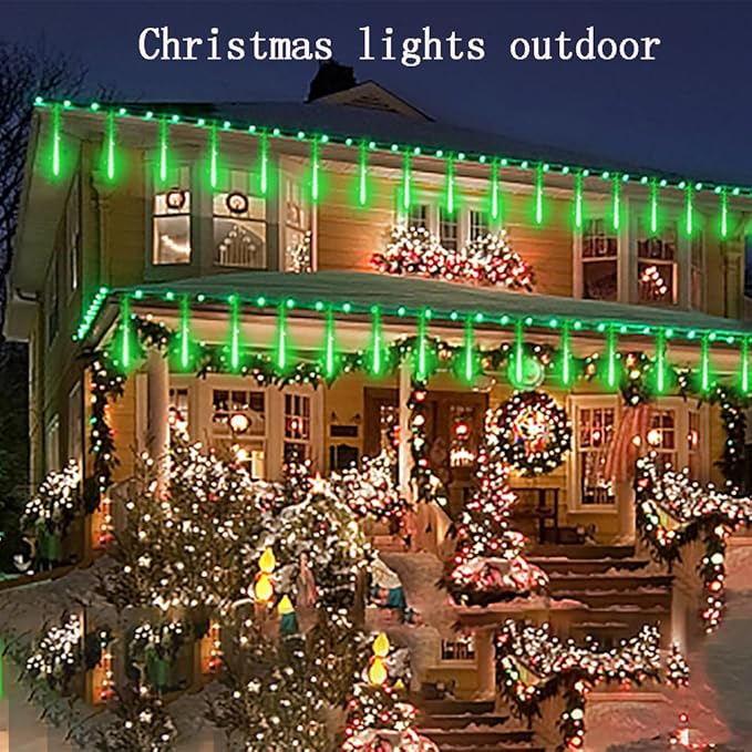 Kwaiffeo Green Christmas Lights 24 Tubes Meteor Shower Lights(Equivalent to 3 Sets of 8-Tube) for Halloween Christmas Decorations Outdoor Green Lights for Xmas St. Patrick's Day Party Tree UL Plug