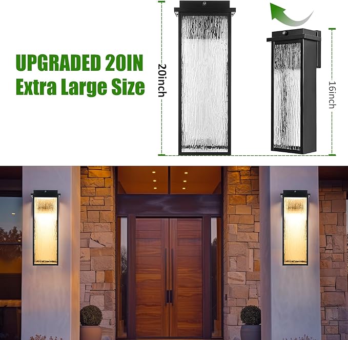 20 Extra Large Dusk to Dawn LED Outdoor Light 2 Packs Black Modern Exterior Lighting Fixtures Outside Porch Lights Wall Mount Mid-Century Wall Lantern with Rippled Glass Patio Sconce Lamp