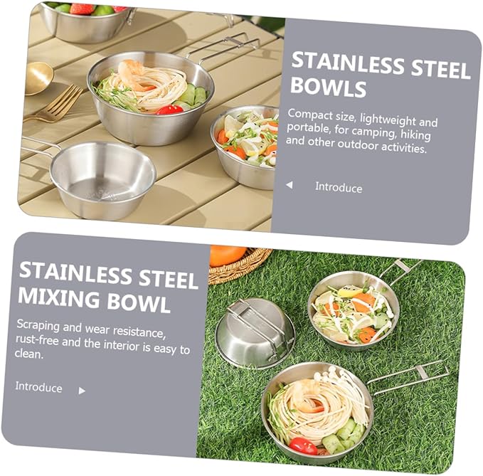 GANAZONO 9pcs Stainless Steel Mixing Bowls Collapsible Camping Bowl Portable Handle Dishwasher Safe