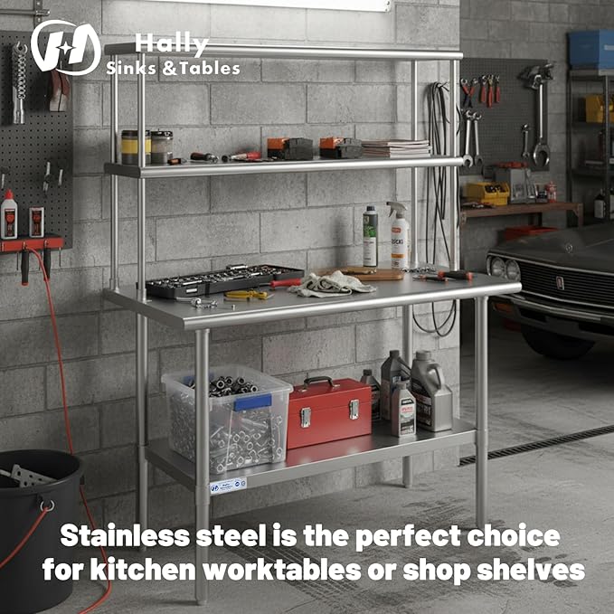 Hally Double Overshelf of Stainless Steel 12'' x 72'' Weight Capacity 420lb Commercial 2 Tier Shelf for Prep &amp Work Table in Restaurant Home or Kitchen