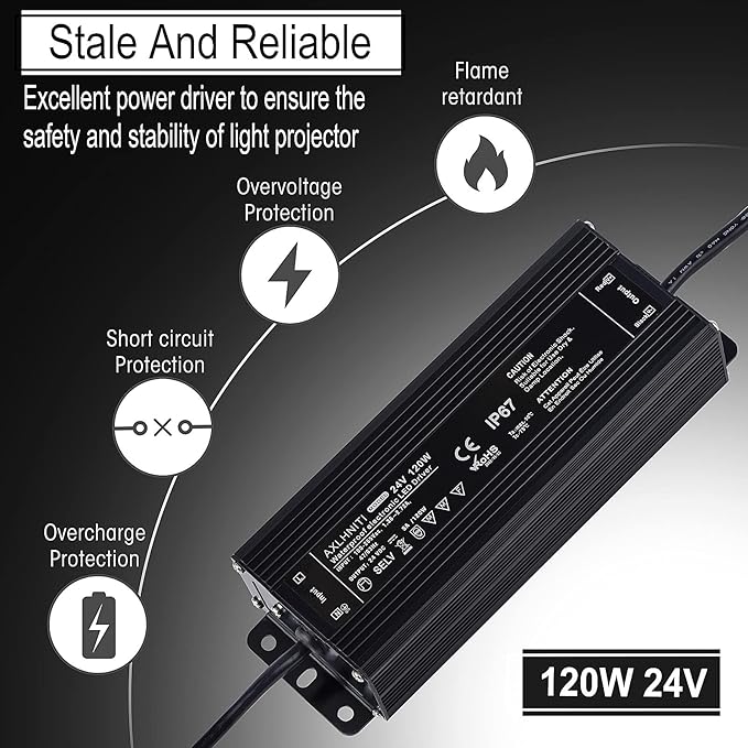 LED Power Supply - 120W IP67 Waterproof 24V DC for LED Strip Lights 100V-265V AC Input 3-Prong Plug with 3.3 Feet Cable