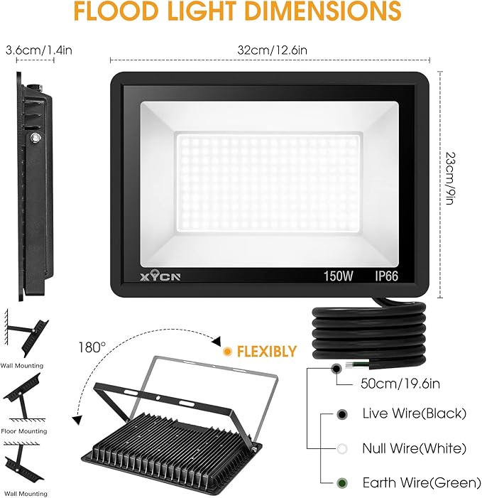 150W LED Flood Light Outdoor2 Pack 15500LM Super Bright Security LightIP66 Waterproof Floodlight5000K Daylight White LED Exterior for Basketball Court Stadium Playground