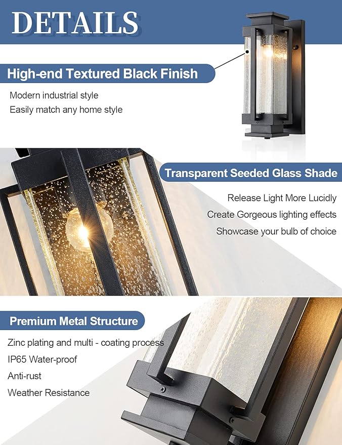 Dusk to Dawn Outdoor Wall Lanterns Large Exterior Porch Lights Wall Mount IP65 Waterproof Outdoor Sconces with Seeded Glass Outside Wall Lamp for House Garage Front Porch Patio