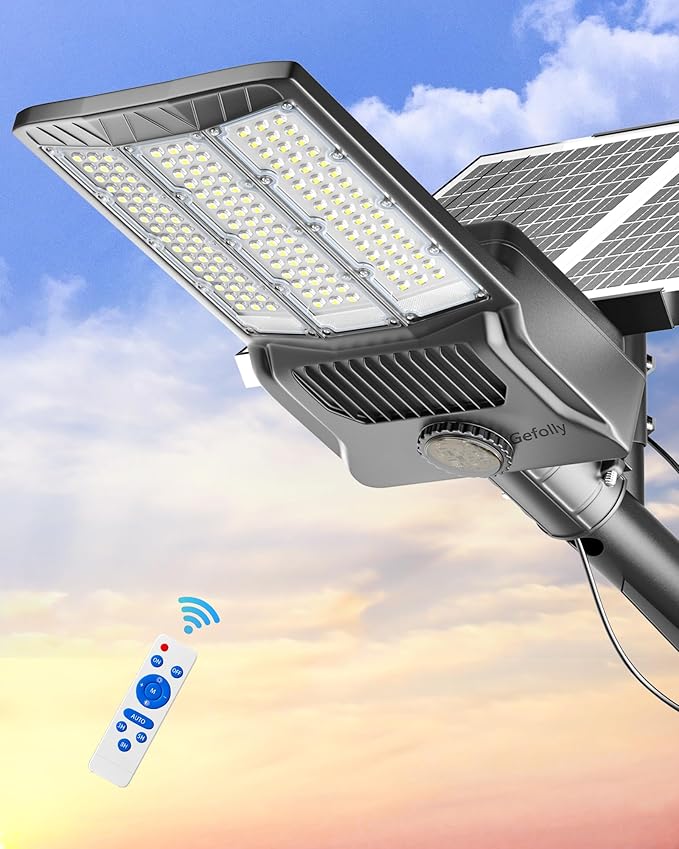Gefolly Solar Street Lights Outdoor Commercial Parking Lot Light Dusk to Dawn IP67 Waterproof 6500K Security Flood Lights Lamp for Yard Road Basketball Courts (SL-11000W 800000LM)