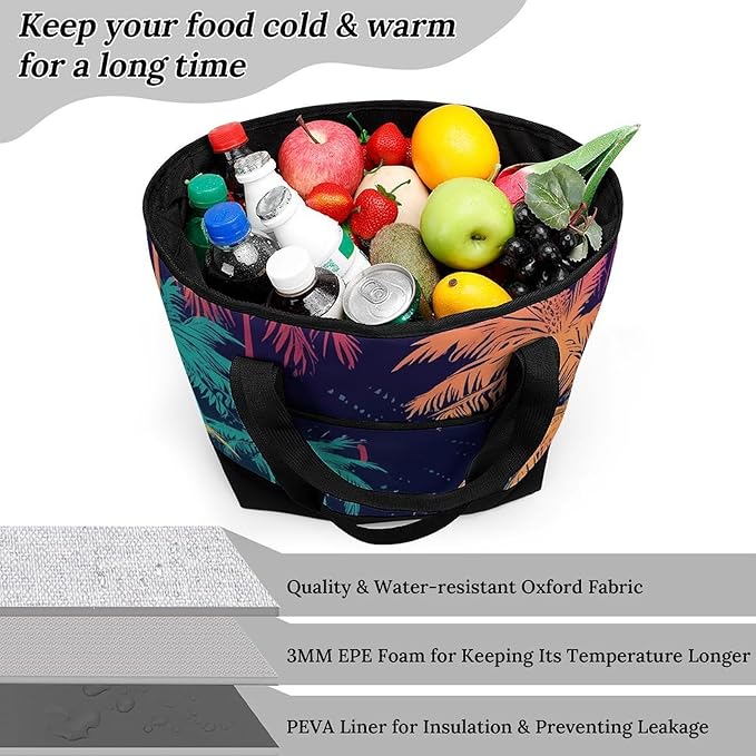 Insulated Shopping BagLarge Reusable Cooler Bags Colorful Palm Trees Printed Foldable Shopping BagTravel Waterproof Shoulder Bag