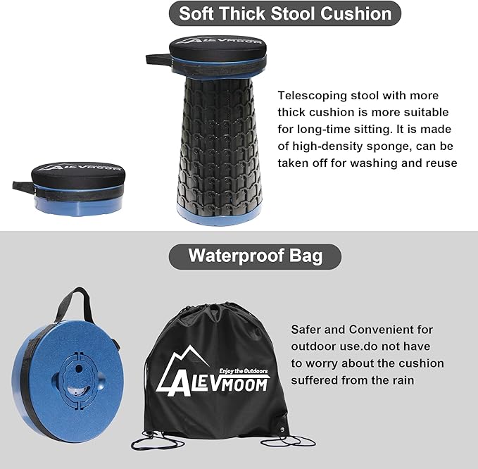 Upgraded Collapsible Stool with Cushion 880Lbs Max Weight Portable Folding Height Adjustable Lightweight Retractable Telescoping Stool for Camping Outdoors Fishing Hiking Travel BBQ with Carry Bag