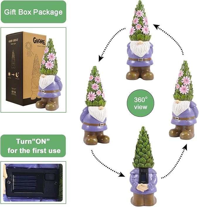 Nacome Solar Garden Outdoor Statues Gnome with Succulent and 7 LED Lights - Lawn Decor for Patio Balcony Yard Ornament - Chrismtas Gifts for Mom Grandma