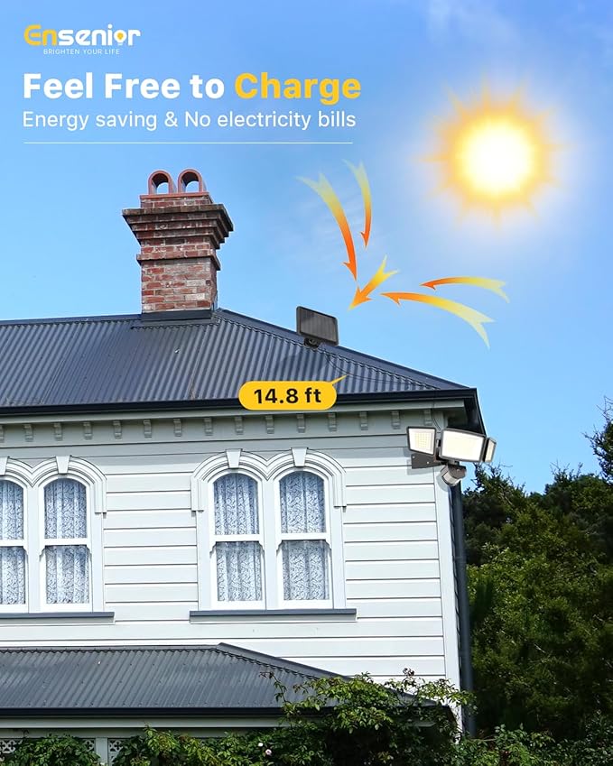 Ensenior 5 Motion Sensor Modes Solar Security Light 1800LM 270° Wide Angle 3 Heads LED Flood Lights IP65 Waterproof Wall Lights Separate Solar Panel Remote Control Solar Lights Outdoor