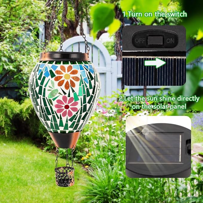 Mosica Hot Air Balloon Solar Lantern Flower Pattern Glass Hanging Solars Lanterns Outdoor Waterproof Decorative Solar Light for Garden Yard Patio Decor