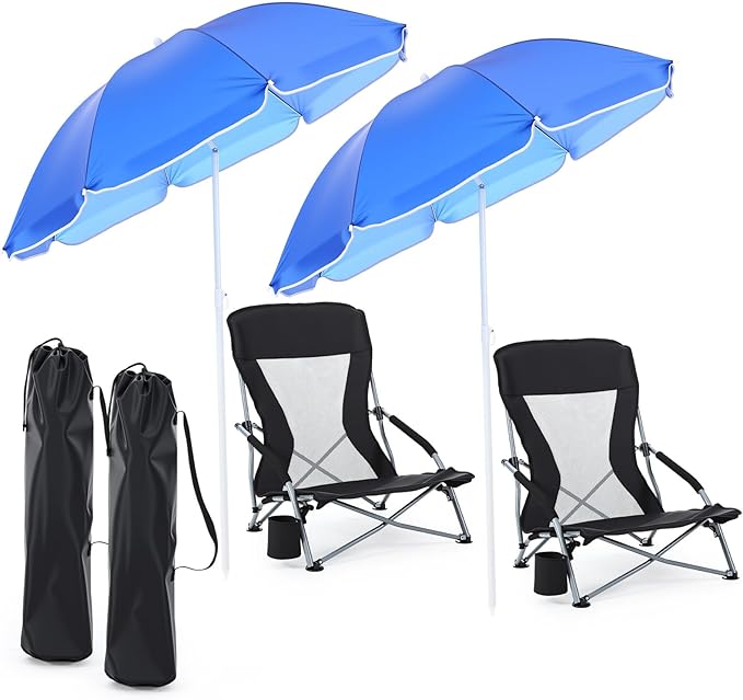 Huwena 2 Pack Beach Chair for Adult with 2 Umbrella Low Folding Chair Detachable Adjustable Lightweight with Armrests Cup Holder Carry Bag Portable for Sand Camping Travel Outdoor Pool(Black)