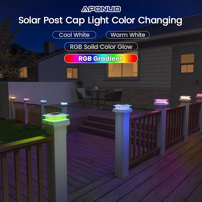 APONUO 6 Pack Solar Post Cap Lights Color Changing - 8 Solid Colors &amp Flowing Multicolor IP65 Waterproof for 4x4 Wood/Vinyl Posts Auto On/Off Deck Fence Patio Garden Lighting White