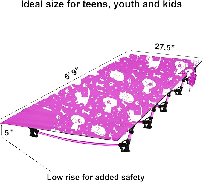 Kids Camping Cot and Toddler Travel Bed | Lightweight and Compact Cots for Sleeping | Portable Folding Cot for Toddler Kids Youth and Even Adults (Pink 69 x 27.5)
