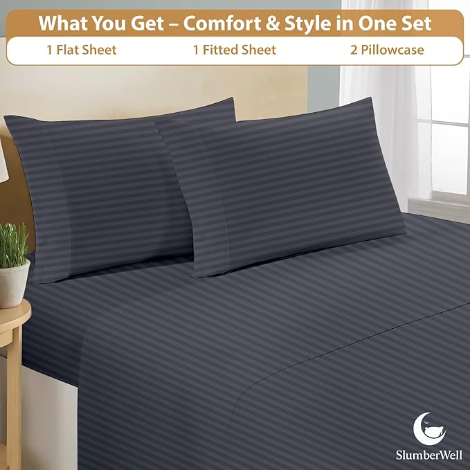 SlumberWell Olympic Queen Sheet Set 4 Piece Luxury Soft Microfiber RV Camper Bedding 8 to 12 Inch Deep Pocket Sheets Fits 66x80 Mattress Dark Grey Stripe