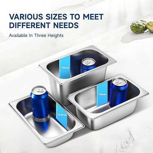 Hotel Pan With Lids 6 Pack 1/4 Size 6 Deep Stainless Steel Steam Table Pan Commercial Food Pans for Catering Buffet Chafing Dish Pans Metal Steam Tray (1/4 Size x 6 Inch Deep 6 Pack)