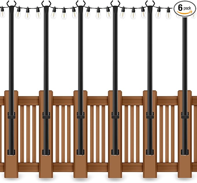 5 Ft String Light Poles 6 Pack String Light Poles for Outside with Fixing ClipsHanging Light Poles for Deck Fence Garden Backyard Wall BistroMetal Poles for Outdoor String Lights