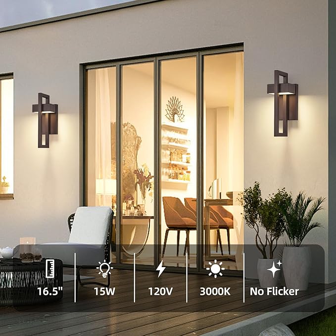 tewei 16.5'' Modern LED Outdoor Wall Sconce Integrated LED Outdoor Light Fixtures Wall Mount Exterior Lights Brown Front Porch Outside Lighting for House Backyard Warm White 3000K 2 Pack