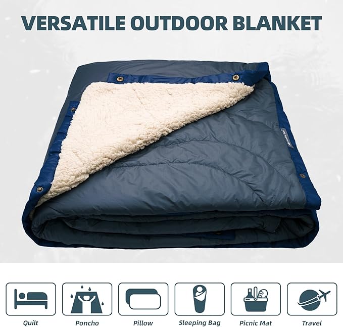 Outdoor Camping Blanket with Sherpa Lining Extra Warm Thick Camp Blankets and Puffy Ultralight Soft Poncho DWR Camping Quilt for Cold Weather Adventure Sleeping Backpacking 78x 56
