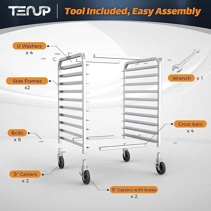 TenUp 10-Tier NSF Aluminum Sheet Pan Rack Commercial Bakery Cooling &amp Storage Cart with Wheels Heavy-Duty Bun Rack – 26 L x 20 W x 38 H