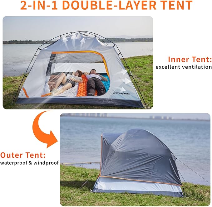 EchoSmile 2/4 Person Camping Tent Lightweight Dome Family Tent with Rainfly Easy Setup Waterproof &amp Windproof Outdoor Shelter for Group Hiking Backpacking 3-Season Use