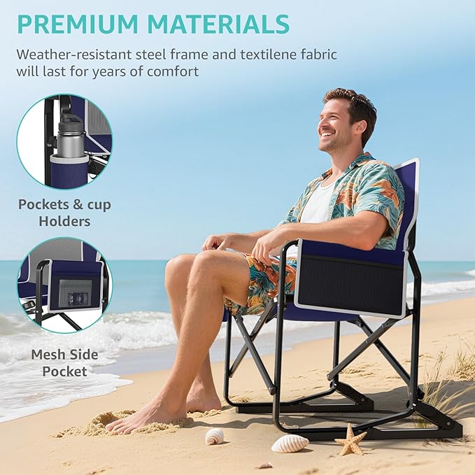 Rocking Camping Chair Rocker Folding Chair Lawn Chairs with Cup Holders Foldable Outdoor Freestyle Navy Blue